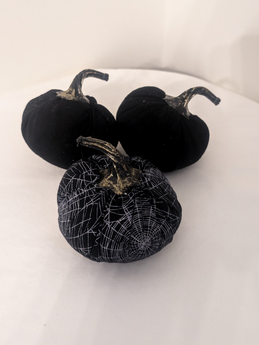 Black Velvet Spiderweb Pumpkins with Metallic Stems
